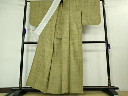 平和屋本店▽極上　浦野理一　経節紬　単衣　柳茶色地　逸品　DZAB1373kh5