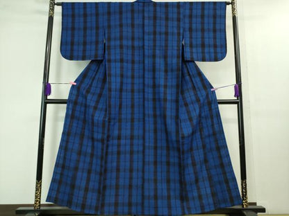 平和屋本店▽極上　浦野理一　経節紬　単衣　格子　逸品　DZAB1374kh5