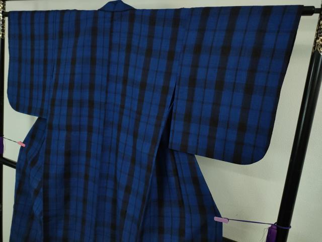 平和屋本店▽極上　浦野理一　経節紬　単衣　格子　逸品　DZAB1374kh5