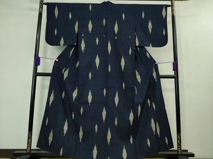 平和屋本店▽極上　浦野理一　経節紬　単衣　濃藍色地　逸品　DZAB1376kh5