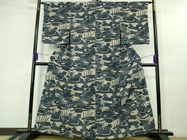 平和屋本店■極上　浦野理一　経節紬　型染　流水杜若桜文　逸品　DZAB1377kh5