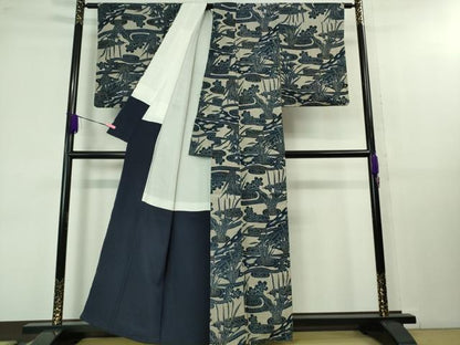 平和屋本店■極上　浦野理一　経節紬　型染　流水杜若桜文　逸品　DZAB1377kh5