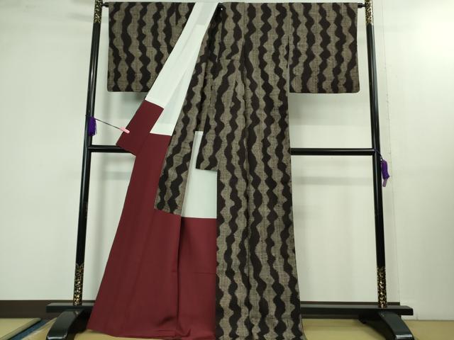 平和屋本店■極上　浦野理一　経節紬　胴抜き仕立て　よろけ縞　逸品　DZAB1381kh5