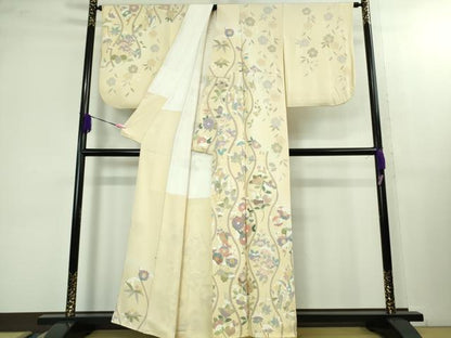 平和屋本店■極上　訪問着　枝垂れ花　立涌花文　鳥の子色地　金彩　逸品　DZAB1401kh5