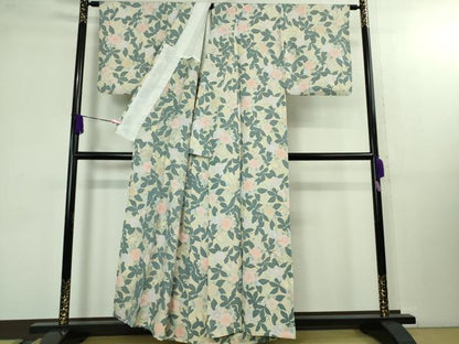平和屋着物▽極上 小紋 単衣 地紋起こし 舞蝶草花文 逸品 DZAB1402kh5