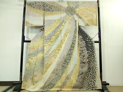 平和屋本店■極上　中国三大刺繍　相良刺繍　訪問着　襲絞り　笹花文　暈し染め　銀通し地　逸品　DZAB1409kh5