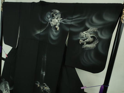 平和屋本店■極上　訪問着　手描き　龍　虎　笹竹　黒地　金銀彩　逸品　DZAB1412kh5