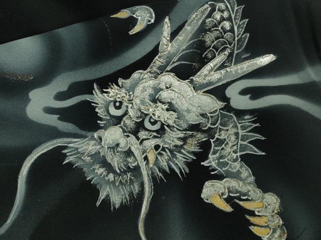 平和屋本店■極上　訪問着　手描き　龍　虎　笹竹　黒地　金銀彩　逸品　DZAB1412kh5