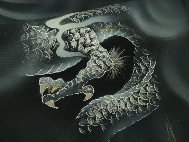 平和屋本店■極上　訪問着　手描き　龍　虎　笹竹　黒地　金銀彩　逸品　DZAB1412kh5