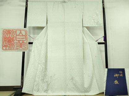 平和屋本店●極上　山口美術織物 皇室 伊勢神宮御用 西陣織 訪問着　錦繍　総刺繍　草花　白緑色地　金銀糸　冊子付き　逸品　DZAB1429kh6
