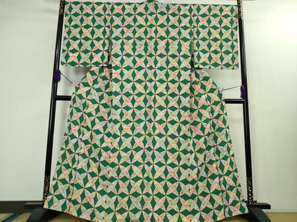 平和屋本店■極上　京都老舗銘店・に志田　小紋　七宝花文　金彩　鬼しぼ縮緬　たとう紙付き　逸品　DZAB1433kh5