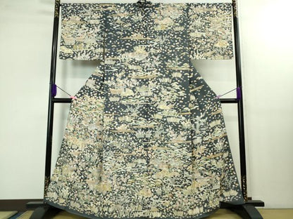 平和屋本店■極上　訪問着　紬地　駒刺繍　宝尽くし　風景草花文　金彩　逸品　未使用　DZAB1439kh5