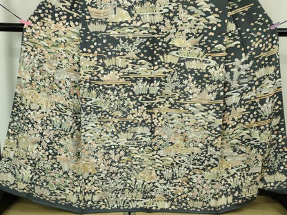平和屋本店■極上　訪問着　紬地　駒刺繍　宝尽くし　風景草花文　金彩　逸品　未使用　DZAB1439kh5