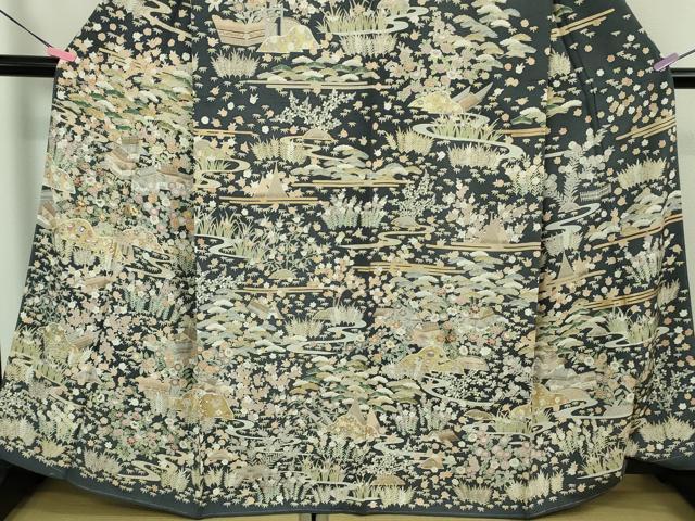 平和屋本店■極上　訪問着　紬地　駒刺繍　宝尽くし　風景草花文　金彩　逸品　未使用　DZAB1439kh5