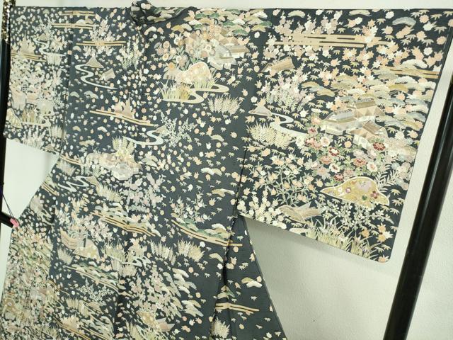 平和屋本店■極上　訪問着　紬地　駒刺繍　宝尽くし　風景草花文　金彩　逸品　未使用　DZAB1439kh5
