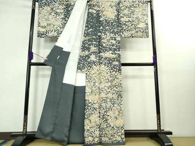 平和屋本店■極上　訪問着　紬地　駒刺繍　宝尽くし　風景草花文　金彩　逸品　未使用　DZAB1439kh5