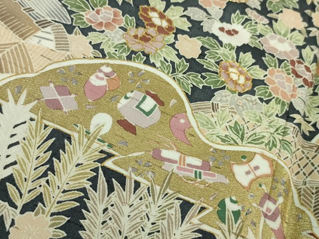 平和屋本店■極上　訪問着　紬地　駒刺繍　宝尽くし　風景草花文　金彩　逸品　未使用　DZAB1439kh5
