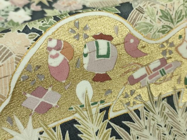 平和屋本店■極上　訪問着　紬地　駒刺繍　宝尽くし　風景草花文　金彩　逸品　未使用　DZAB1439kh5