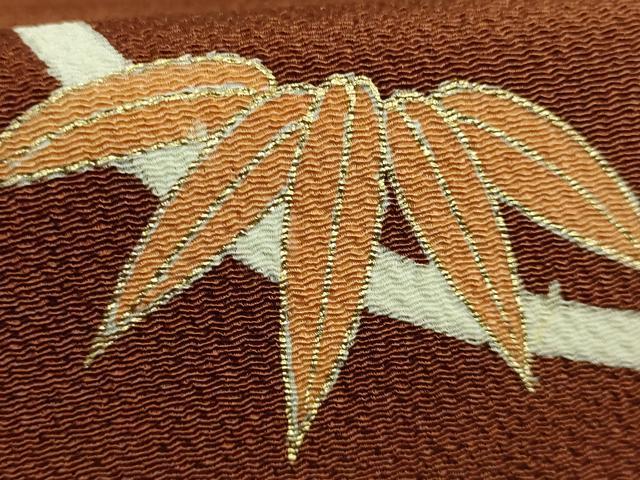 平和屋着物●極上 銀座 志ま亀 九寸名古屋帯 笹竹 柿茶色地 金彩 鬼しぼ縮緬 逸品 DZAB1481kh5