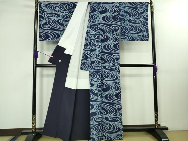 平和屋本店●極上　藍造り国選定無形文化財　藍師・佐藤昭人　藍香房　小紋　天然藍染　観世水　逸品　DZAB1558kh5