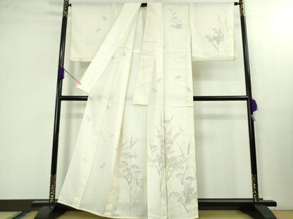 平和屋着物＊極上 夏物 訪問着 紗紬 手描き 秋草 木賊 象牙色地 逸品 DZAB1563kh5