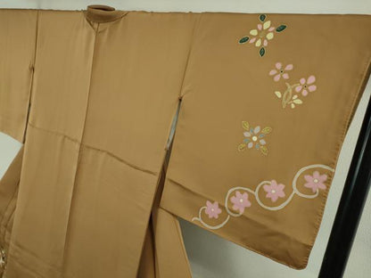 平和屋本店■極上　京友禅作家　米沢新之助　訪問着　草花文　江戸茶色地　金彩　ロング丈　逸品　DZAB1569kh5