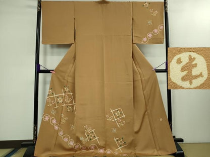 平和屋本店■極上　京友禅作家　米沢新之助　訪問着　草花文　江戸茶色地　金彩　ロング丈　逸品　DZAB1569kh5