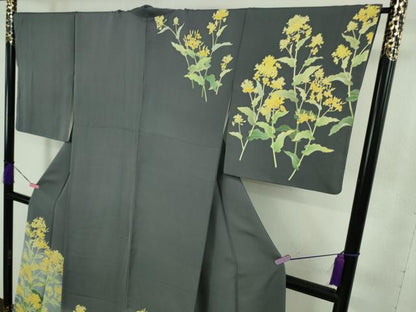 平和屋本店■極上　名門染元　秀美　十日町友禅　訪問着　菜の花　褐色地　暈し染め　逸品　DZAB1593kh5