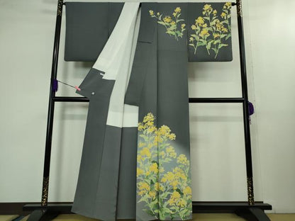 平和屋本店■極上　名門染元　秀美　十日町友禅　訪問着　菜の花　褐色地　暈し染め　逸品　DZAB1593kh5
