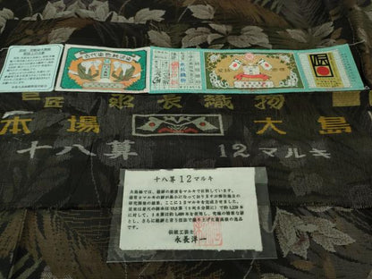 平和屋本店●極上　本場大島紬 十八算 12マルキ 伝統工芸士 永長洋一 古代染色純泥染　草葉文　永長織物謹製　証紙付き　逸品　DZAB1600kh5