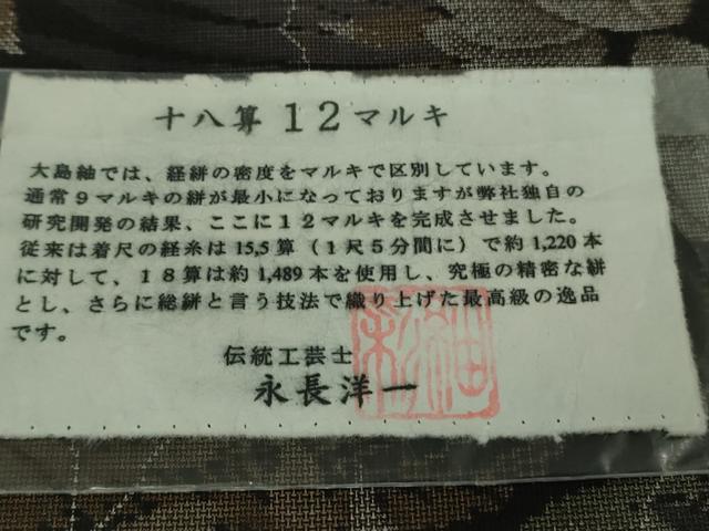 平和屋本店●極上　本場大島紬 十八算 12マルキ 伝統工芸士 永長洋一 古代染色純泥染　草葉文　永長織物謹製　証紙付き　逸品　DZAB1600kh5
