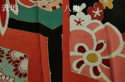 平和屋本店●極上　アンティーク　大正ロマン　振袖　駒刺繍　飛鶴亀甲吉祥花文　黒地　金彩　逸品　DZAB1609kh5