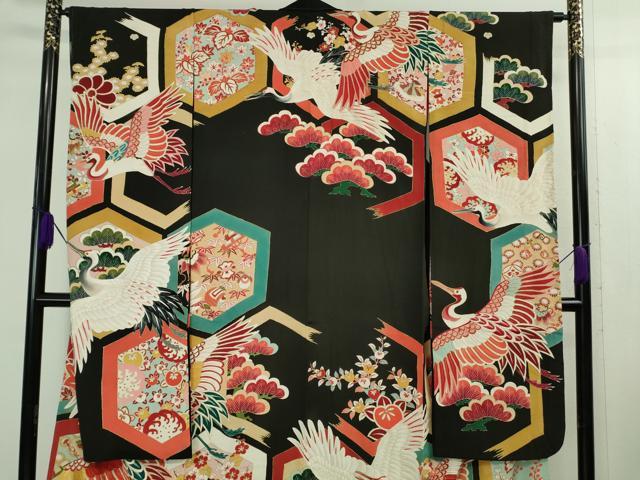 平和屋本店●極上　アンティーク　大正ロマン　振袖　駒刺繍　飛鶴亀甲吉祥花文　黒地　金彩　逸品　DZAB1609kh5