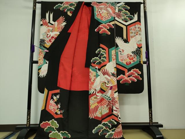 平和屋本店●極上　アンティーク　大正ロマン　振袖　駒刺繍　飛鶴亀甲吉祥花文　黒地　金彩　逸品　DZAB1609kh5