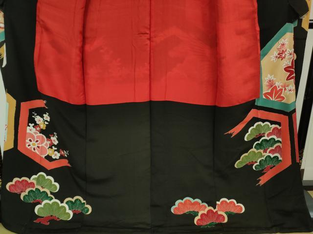 平和屋本店●極上　アンティーク　大正ロマン　振袖　駒刺繍　飛鶴亀甲吉祥花文　黒地　金彩　逸品　DZAB1609kh5