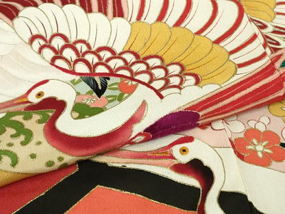 平和屋本店●極上　アンティーク　大正ロマン　振袖　駒刺繍　飛鶴亀甲吉祥花文　黒地　金彩　逸品　DZAB1609kh5
