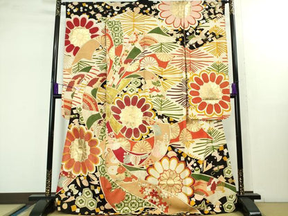 平和屋着物●極上 アンティーク 大正ロマン 振袖 胴抜き仕立て 駒刺繍 束ね熨斗花文 黒地 金銀彩 逸品 DZAB1610kh5