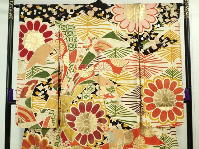 平和屋着物●極上 アンティーク 大正ロマン 振袖 胴抜き仕立て 駒刺繍 束ね熨斗花文 黒地 金銀彩 逸品 DZAB1610kh5