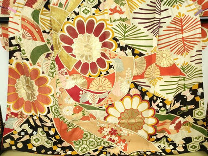 平和屋着物●極上 アンティーク 大正ロマン 振袖 胴抜き仕立て 駒刺繍 束ね熨斗花文 黒地 金銀彩 逸品 DZAB1610kh5