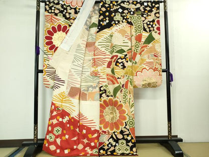 平和屋着物●極上 アンティーク 大正ロマン 振袖 胴抜き仕立て 駒刺繍 束ね熨斗花文 黒地 金銀彩 逸品 DZAB1610kh5