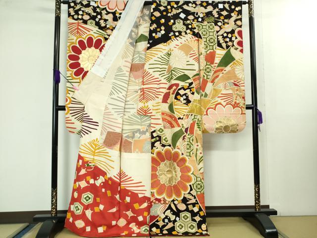 平和屋着物●極上 アンティーク 大正ロマン 振袖 胴抜き仕立て 駒刺繍 束ね熨斗花文 黒地 金銀彩 逸品 DZAB1610kh5