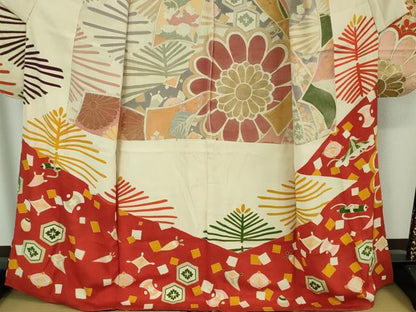 平和屋着物●極上 アンティーク 大正ロマン 振袖 胴抜き仕立て 駒刺繍 束ね熨斗花文 黒地 金銀彩 逸品 DZAB1610kh5