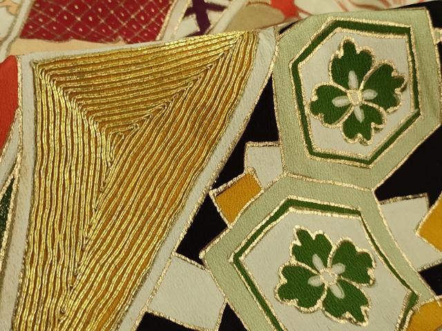 平和屋着物●極上 アンティーク 大正ロマン 振袖 胴抜き仕立て 駒刺繍 束ね熨斗花文 黒地 金銀彩 逸品 DZAB1610kh5