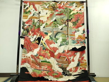 平和屋本店■極上　アンティーク　大正ロマン　振袖　駒刺繍　飛鶴松風景　黒地　金銀彩　逸品　DZAB1612kh5