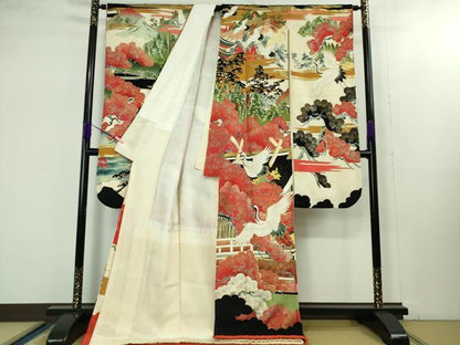 平和屋本店■極上　アンティーク　大正ロマン　振袖　駒刺繍　飛鶴松風景　黒地　金銀彩　逸品　DZAB1612kh5