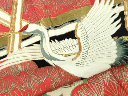 平和屋本店■極上　アンティーク　大正ロマン　振袖　駒刺繍　飛鶴松風景　黒地　金銀彩　逸品　DZAB1612kh5