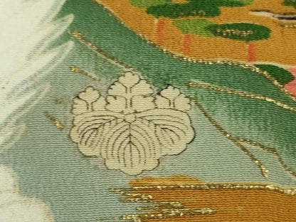 平和屋本店■極上　アンティーク　大正ロマン　振袖　駒刺繍　飛鶴松風景　黒地　金銀彩　逸品　DZAB1612kh5