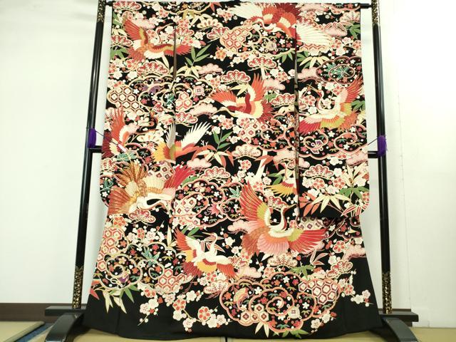平和屋本店●極上 アンティーク 大正ロマン 振袖 駒刺繍 雲取り飛鶴吉祥花文 黒地 金彩 逸品 DZAB1615kh5