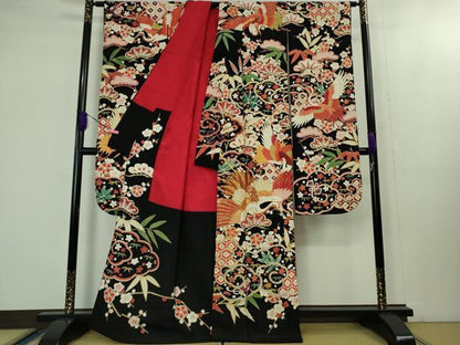 平和屋本店●極上 アンティーク 大正ロマン 振袖 駒刺繍 雲取り飛鶴吉祥花文 黒地 金彩 逸品 DZAB1615kh5