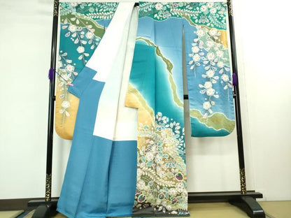 平和屋本店■極上　越後十日町の一流染匠　桐屋・翠山工房　振袖・長襦袢セット　辻が花　暈し染め　金彩　金通し地　逸品　DZAB1619kh5